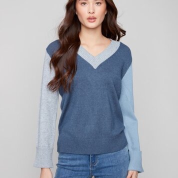 Charlie B Charlie B Colorblock V-Neck Sweater With Wide Rib Cuff And Hem C2853