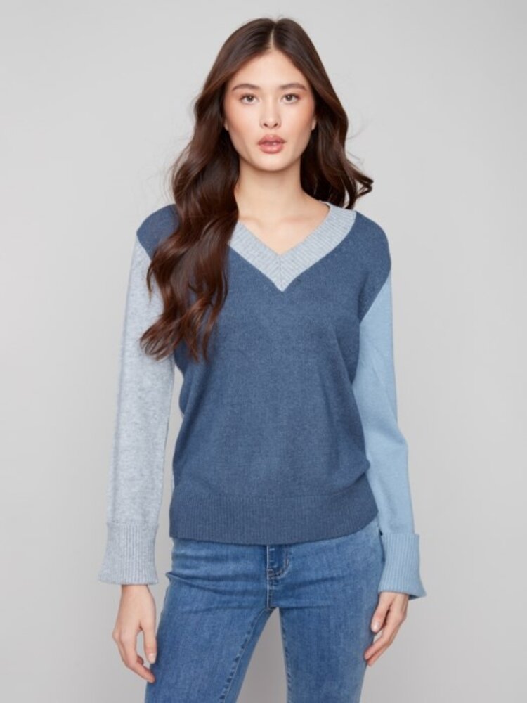 Charlie B Charlie B Colorblock V-Neck Sweater With Wide Rib Cuff And Hem C2853