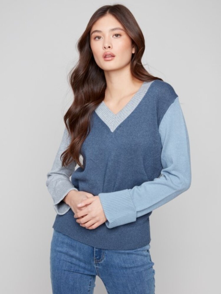 Charlie B Charlie B Colorblock V-Neck Sweater With Wide Rib Cuff And Hem C2853