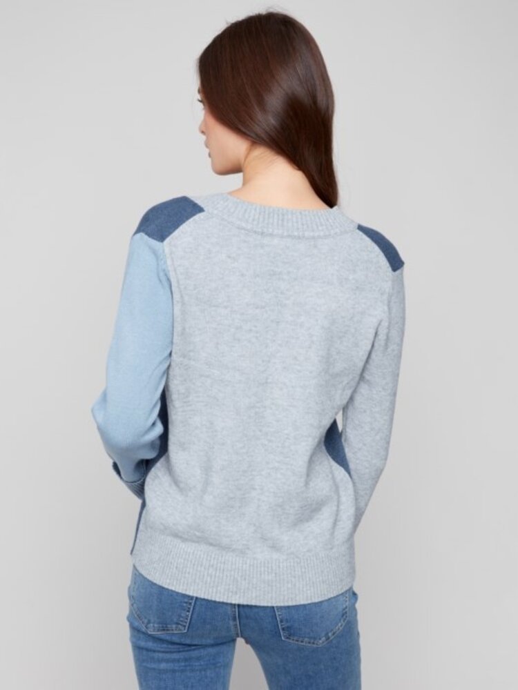 Charlie B Charlie B Colorblock V-Neck Sweater With Wide Rib Cuff And Hem C2853