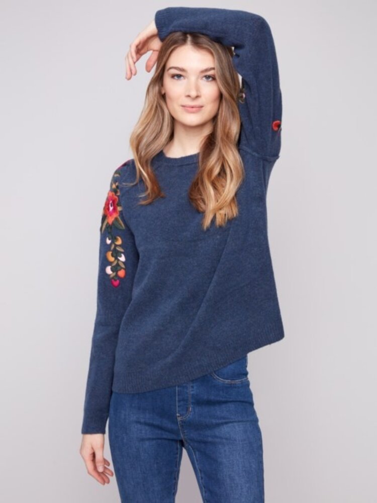 Charlie B Charlie B Embroidered Raglan Sleeve Sweater C2268Y