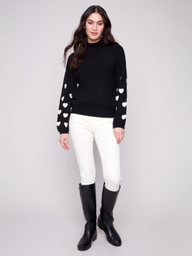 Charlie B Charlie B Mock Neck Sweater With Boucle Hearts on Sleeves C2689R