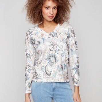 Charlie B Charlie B Printed Plushy V Neck Sweater C2581D