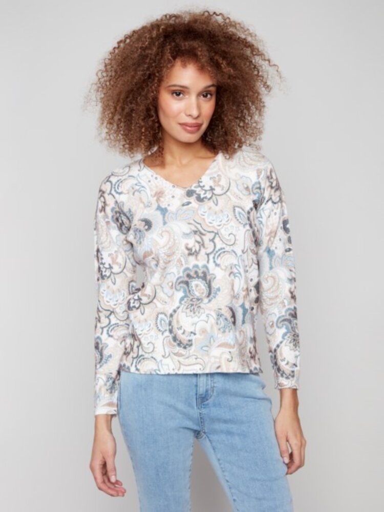 Charlie B Charlie B Printed Plushy V Neck Sweater C2581D