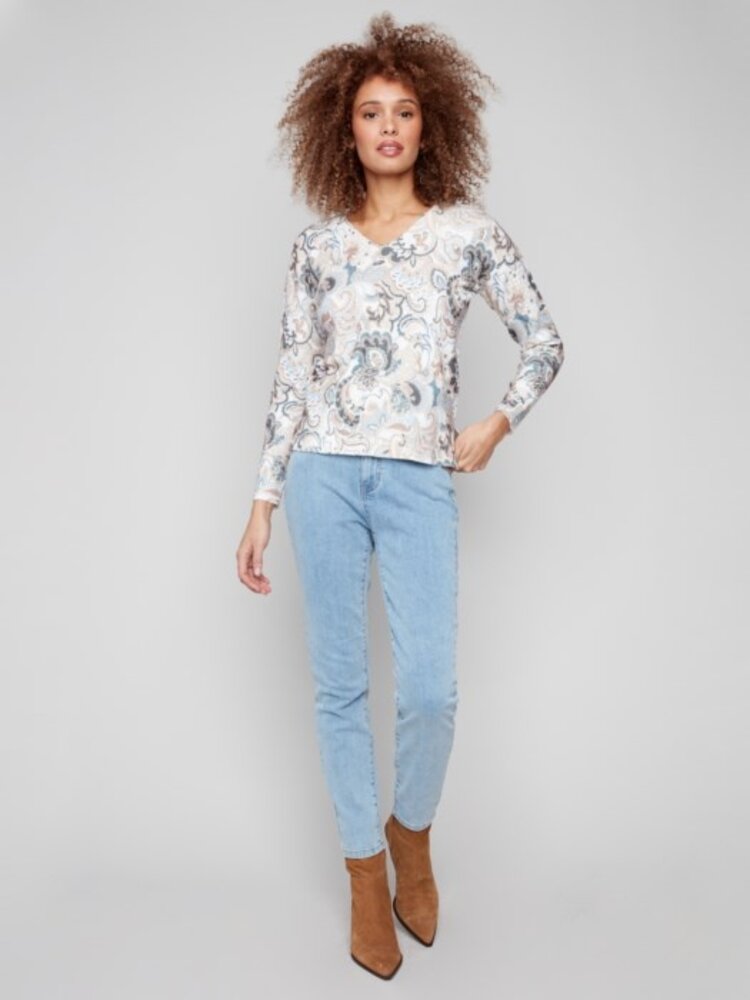 Charlie B Charlie B Printed Plushy V Neck Sweater C2581D