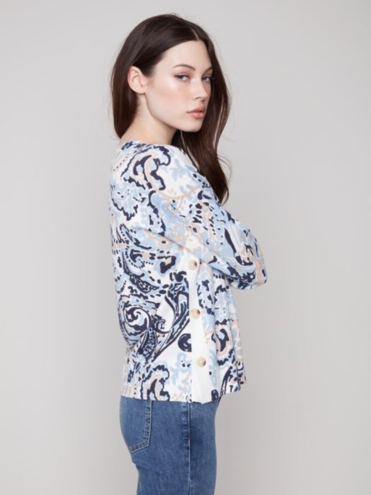 Charlie B Charlie B C2668P Crew-Neck Drop Shoulder Sweater w/ Side Button Details