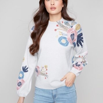 Charlie B Charlie B C2689R Mock Neck Sweater w/ Placed Print