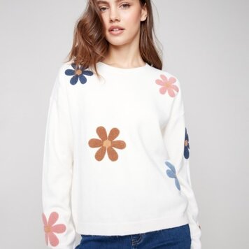 Charlie B Charlie B C2829 Plush Sweater w/ Boucle Flowers