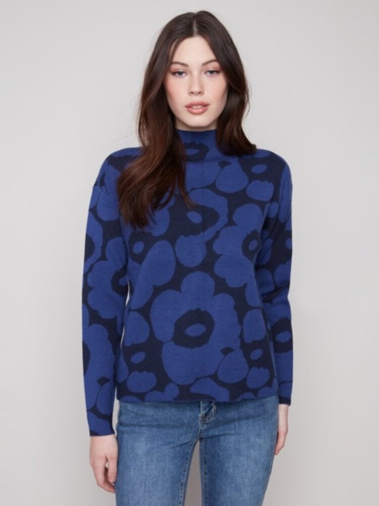 Charlie B Charlie B 2762R Allover Jacquard Mock Neck Sweater