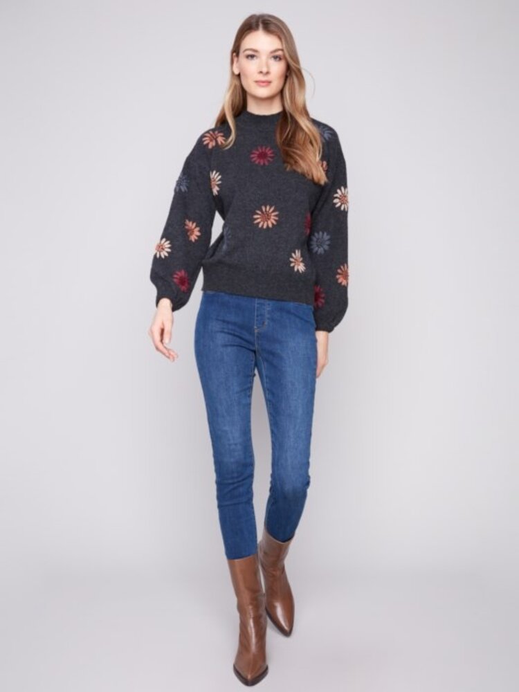Charlie B Charlie B C2689 Floral Print Plushy Mock Neck Sweater w/ Puffy Sleeves