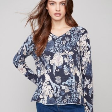 Charlie B Charlie B C2279TP Printed V-Neck Sweater