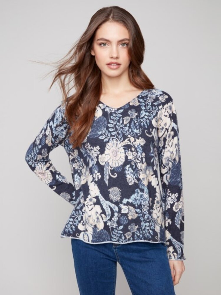Charlie B Charlie B C2279TP Printed V-Neck Sweater
