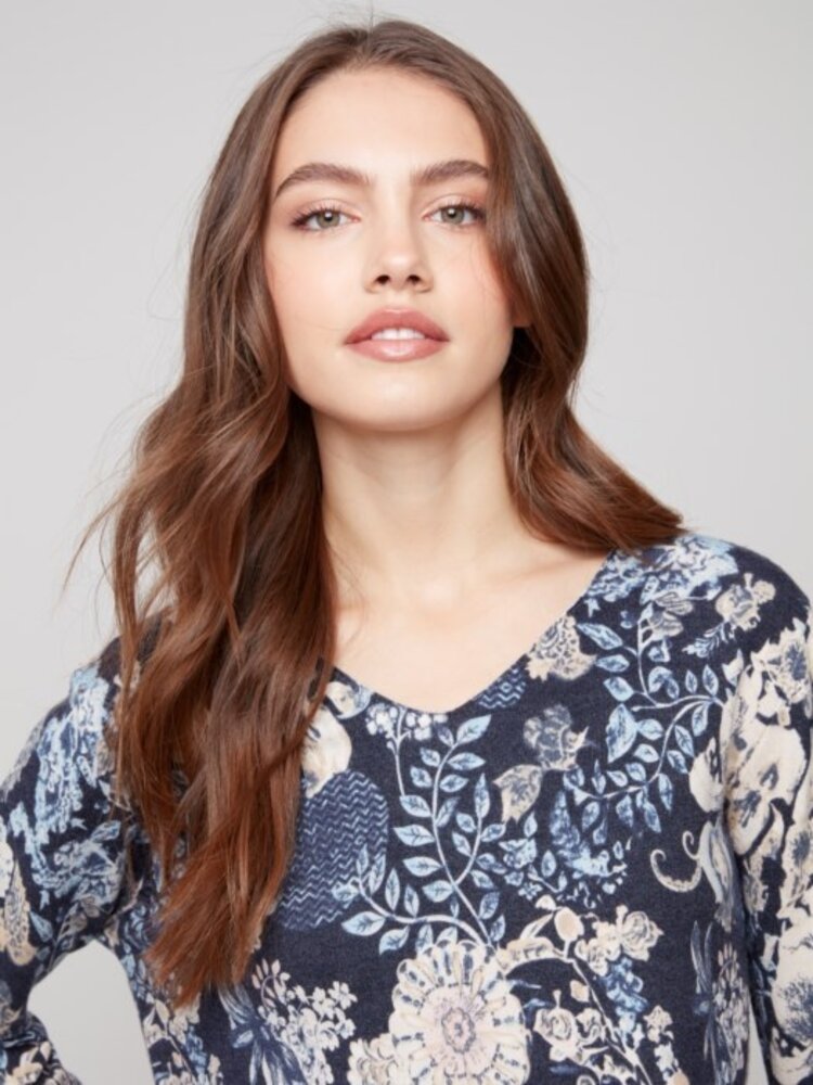 Charlie B Charlie B C2279TP Printed V-Neck Sweater