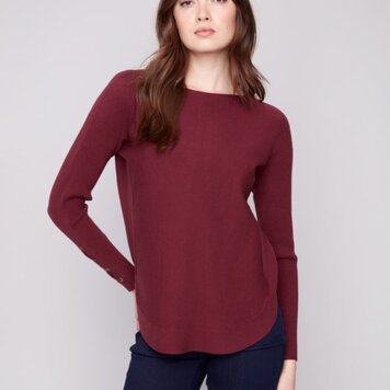 Charlie B Charlie B Round Hem Sweater w/ Front Pockets & Sleeve Lacing Detail C2380Y