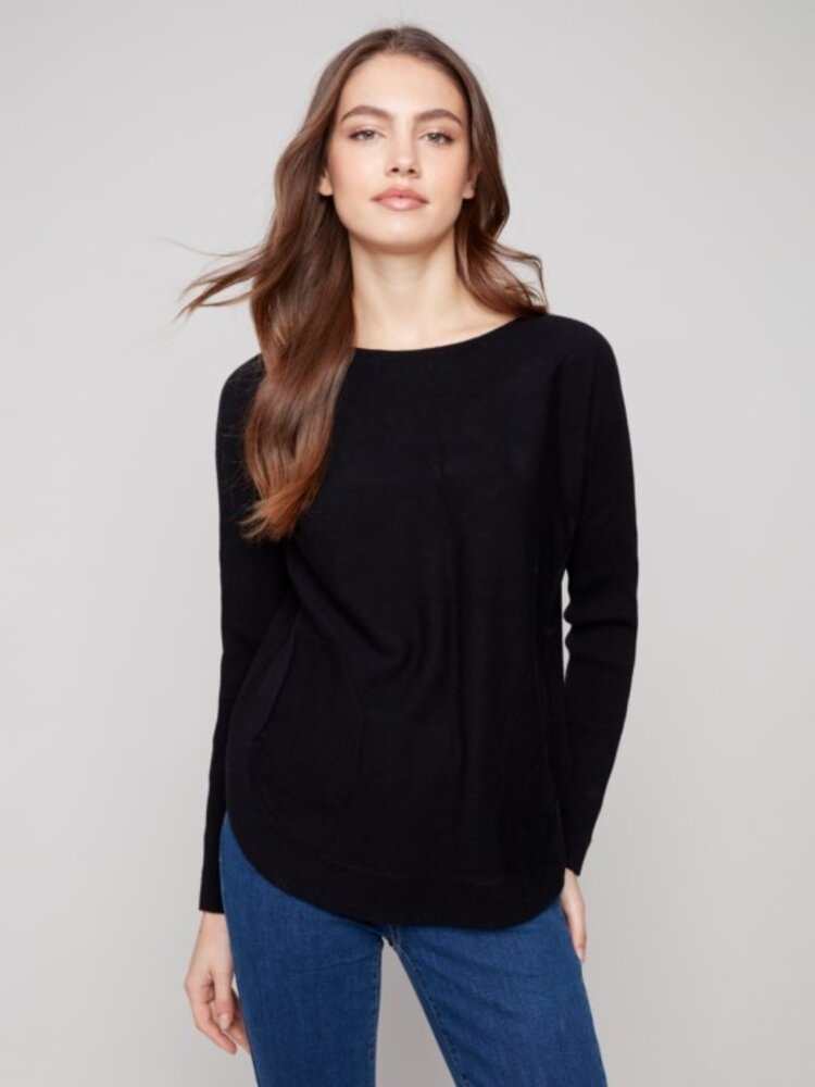Charlie B Charlie B Round Hem Sweater w/ Front Pockets & Sleeve Lacing Detail C2380Y