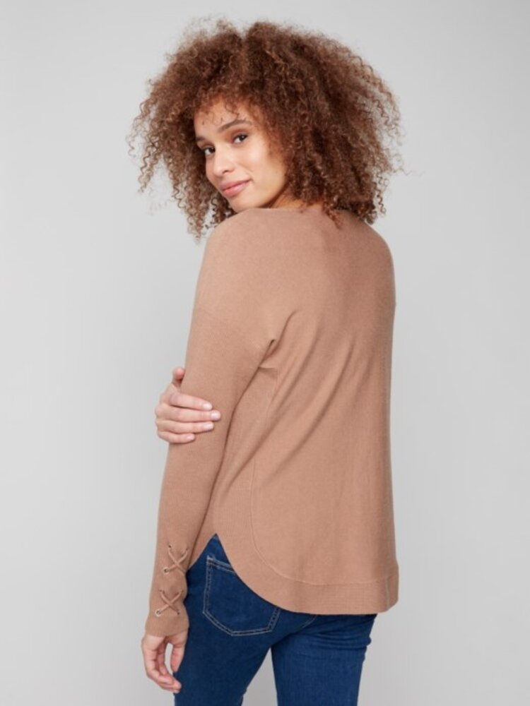 Charlie B Charlie B Round Hem Sweater w/ Front Pockets & Sleeve Lacing Detail C2380Y