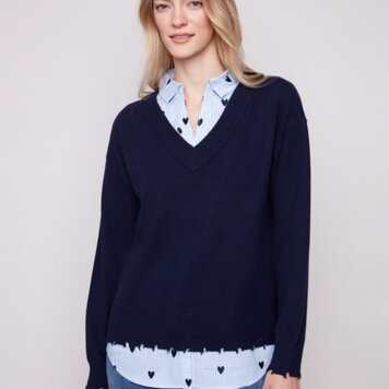 Charlie B Charlie B V-Neck Fooler Sweater With Embroidered Stripe Poplin C2568E