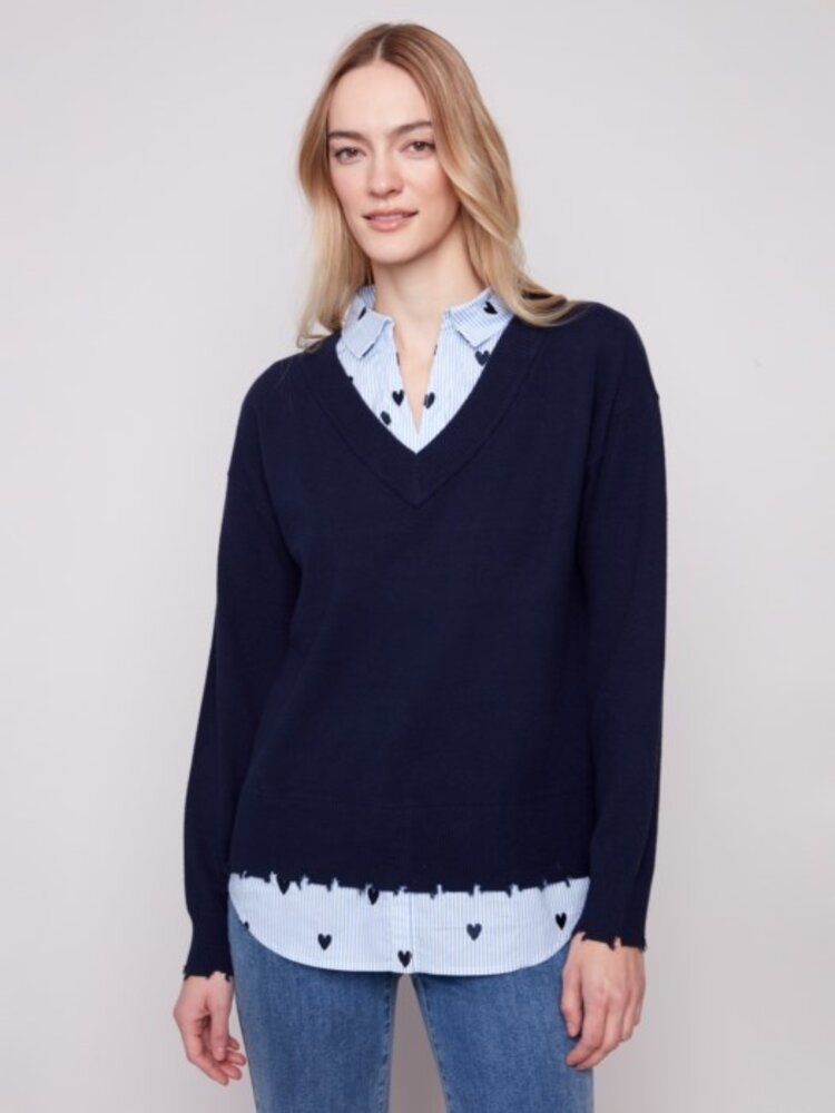 Charlie B Charlie B V-Neck Fooler Sweater With Embroidered Stripe Poplin C2568E