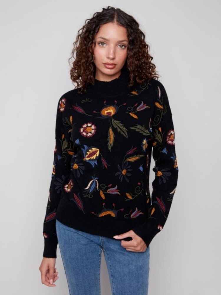 Charlie B Charlie B All Over Embroidered Mock Neck Sweater C2893