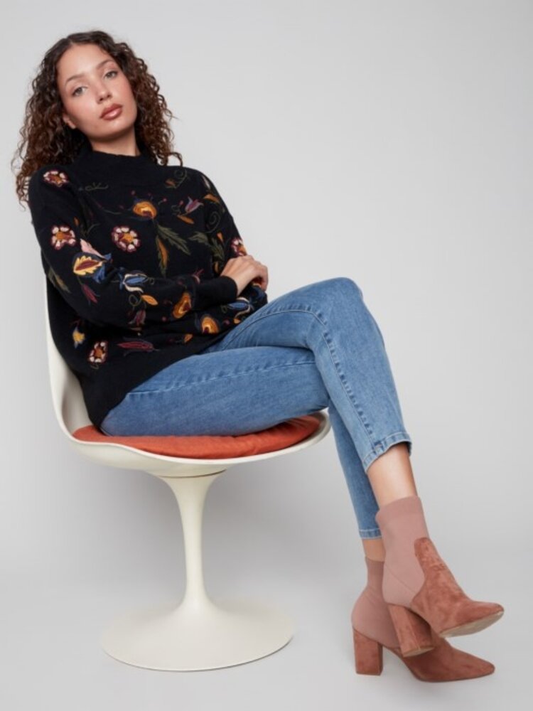 Charlie B Charlie B All Over Embroidered Mock Neck Sweater C2893
