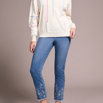 Tribal Tribal V Neck Knit Sweater W/ Embroidered Detail 5994O