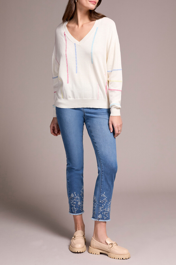 Tribal Tribal V Neck Knit Sweater W/ Embroidered Detail 5994O