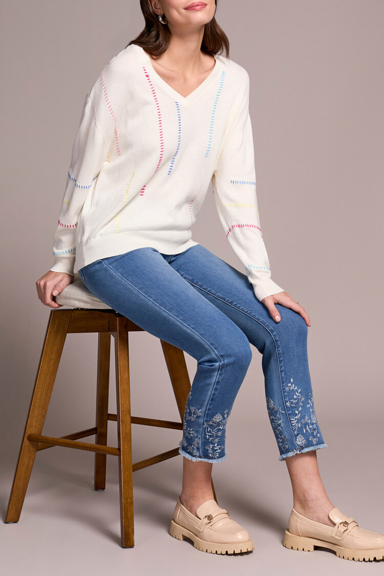 Tribal Tribal V Neck Knit Sweater W/ Embroidered Detail 5994O