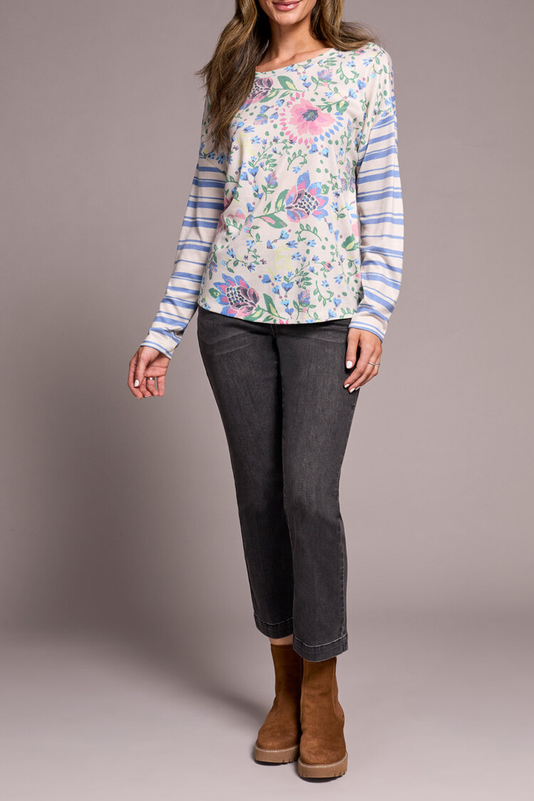 Tribal Tribal Crew Neck Combo Print Long Sleeve Knit Top 6014O