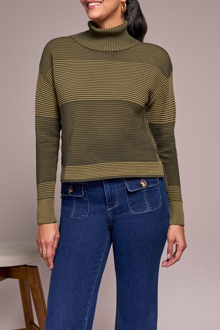 Tribal Tribal Turtleneck High Low Sweater W/ Side Slits 5933O