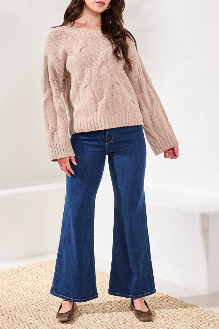 Tribal Tribal Crew Neck Loose Fit Cable Sweater 5950O