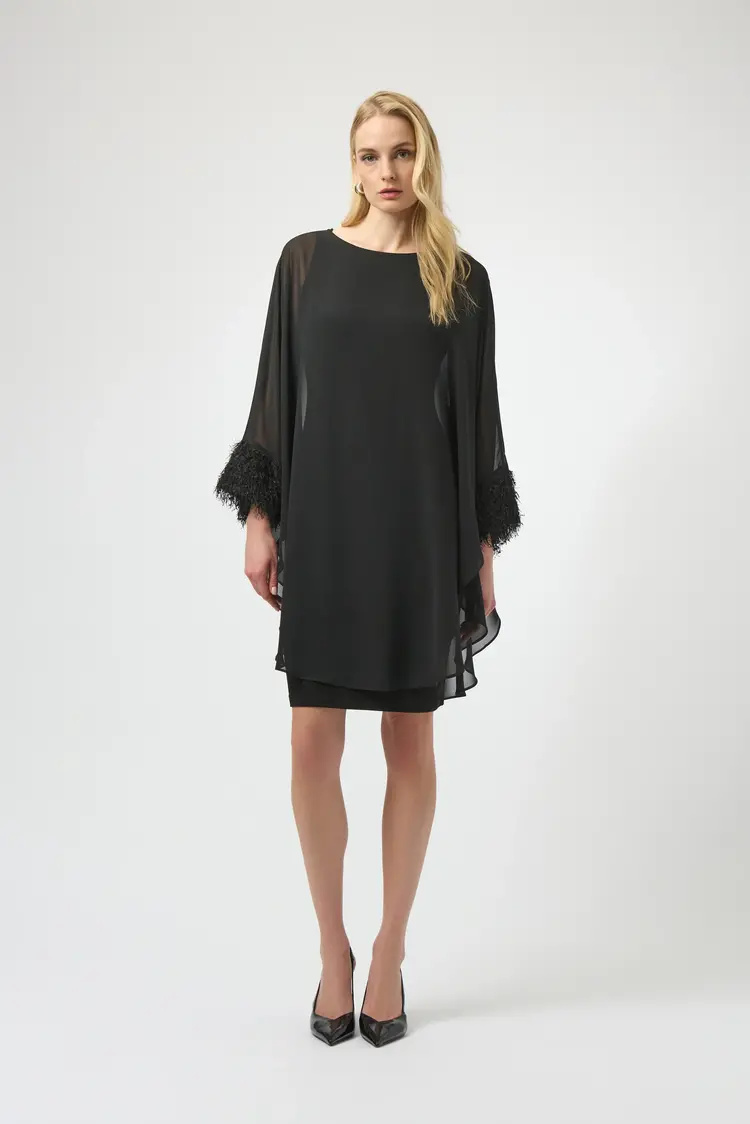 Joseph Ribkoff Joseph Ribkoff Silky Knit & Chiffon Layered Dress with Fringe Detail 254186