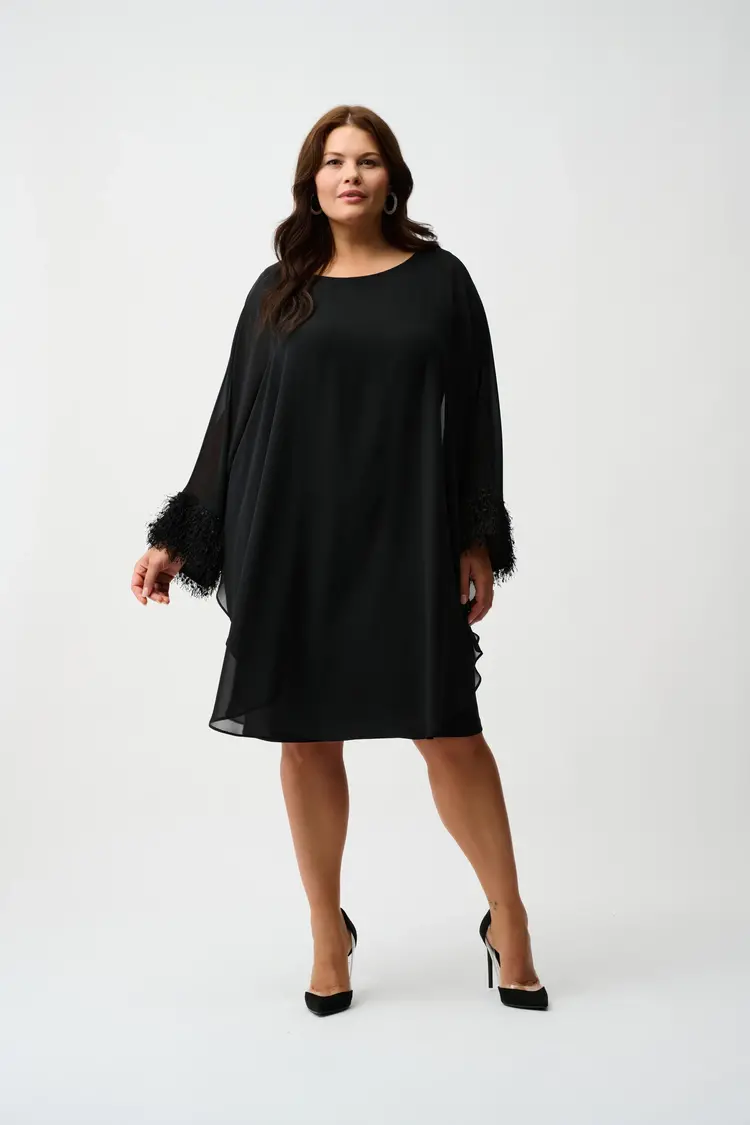 Joseph Ribkoff Joseph Ribkoff Silky Knit & Chiffon Layered Dress with Fringe Detail 254186