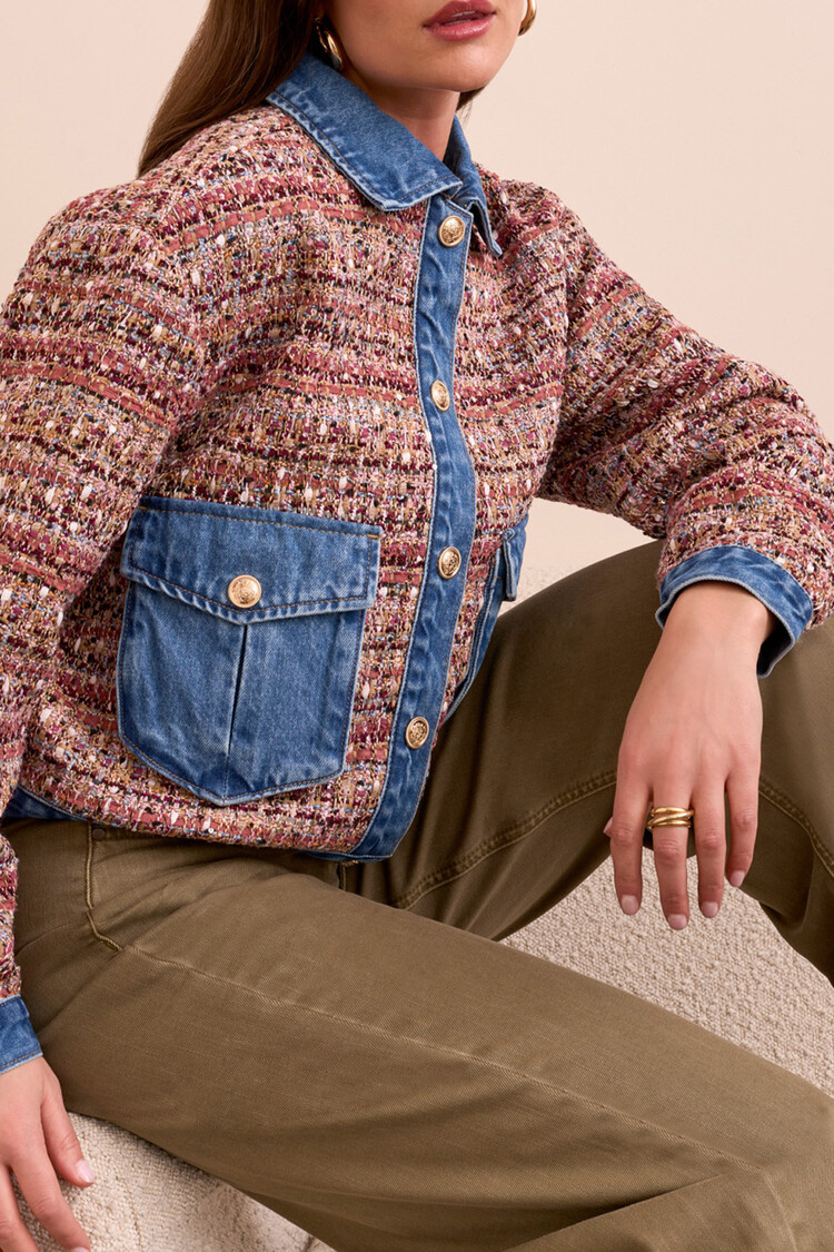 Tribal Tribal Mix Media Plaid Jacket With Denim Inserts 5914O