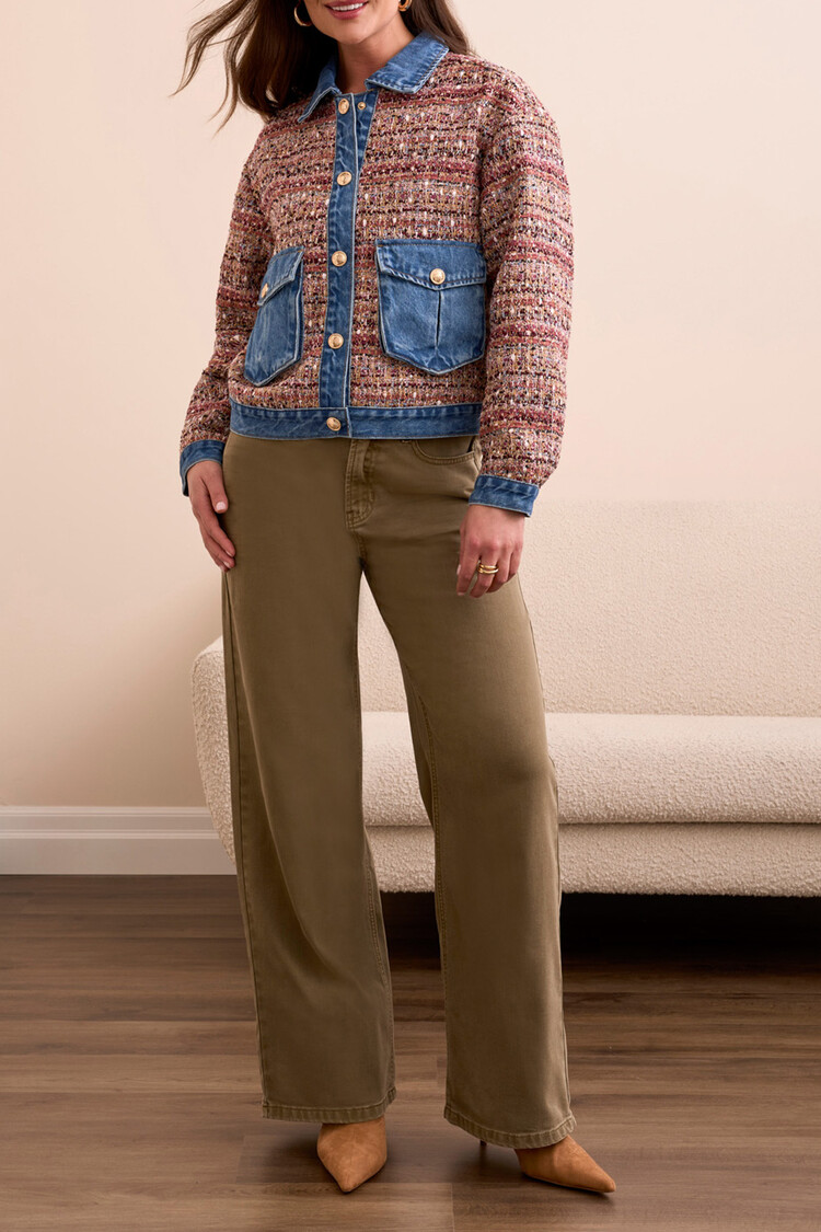 Tribal Tribal Mix Media Plaid Jacket With Denim Inserts 5914O