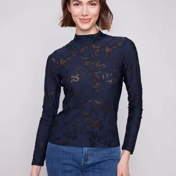 Charlie B Charlie B Burnout Mesh Long Sleeve Mock Neck Top C1404PK