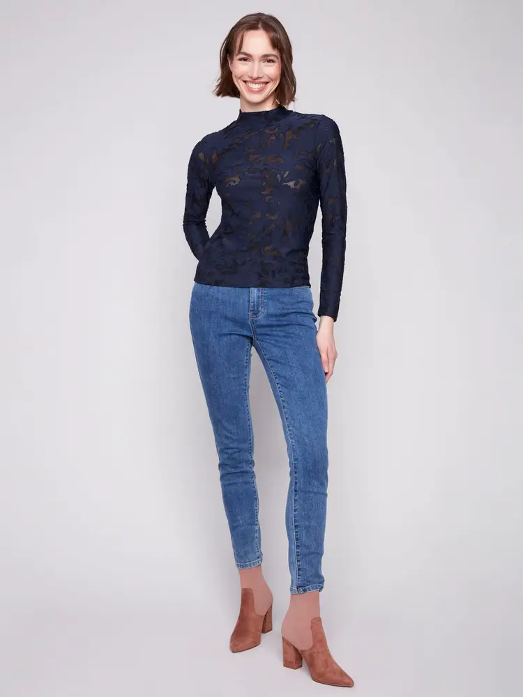 Charlie B Charlie B Burnout Mesh Long Sleeve Mock Neck Top C1404PK