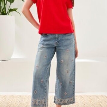 Tribal S/S TOP W/DOTTED LACE DETAIL-JET BLUE