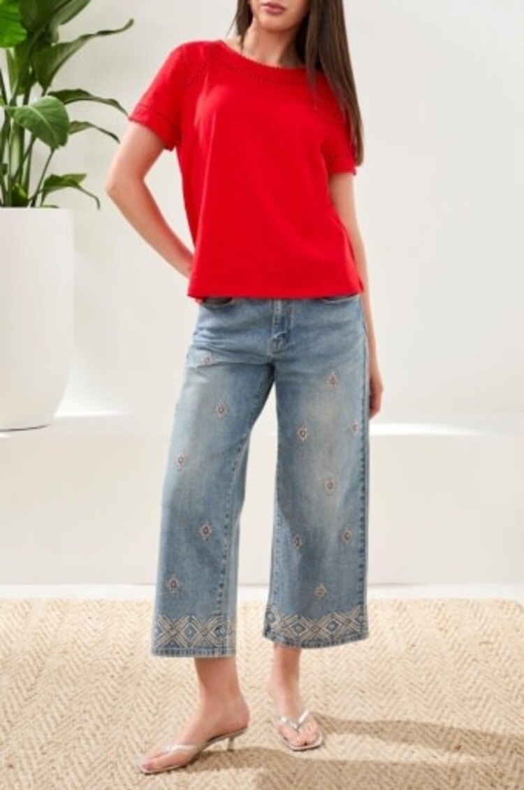 Tribal S/S TOP W/DOTTED LACE DETAIL-JET BLUE