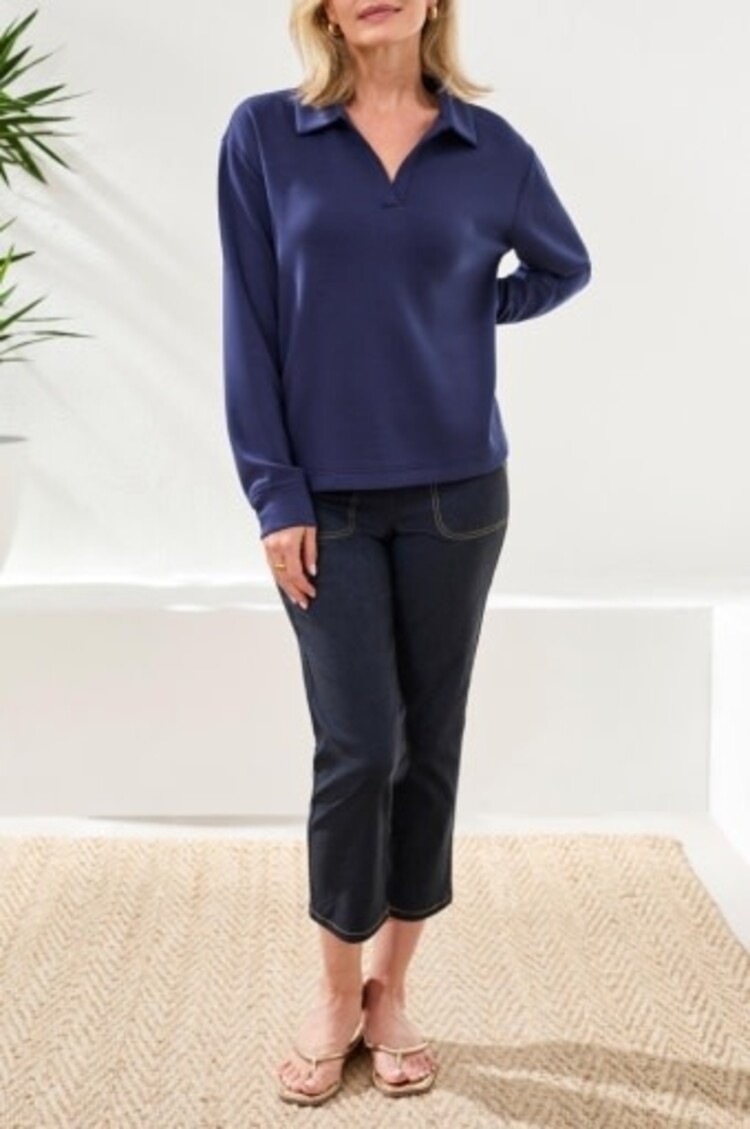 Tribal TECHNO LUX - L/S JOHNNY COLLAR TOP-JET BLUE