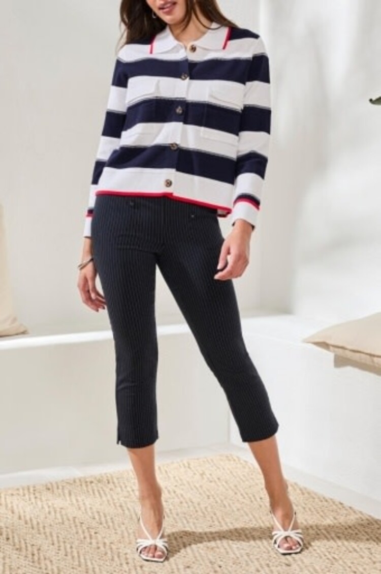 Tribal DOUBLE KNIT BUTTON-FRONT STRIPE CARDIGAN-JET BLUE