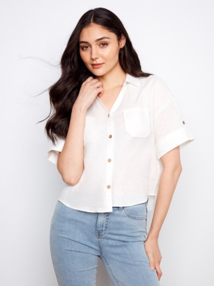 Charlie B Charlie B Short Sleeve Button Front Linen Blouse With Patch Pockets C4688