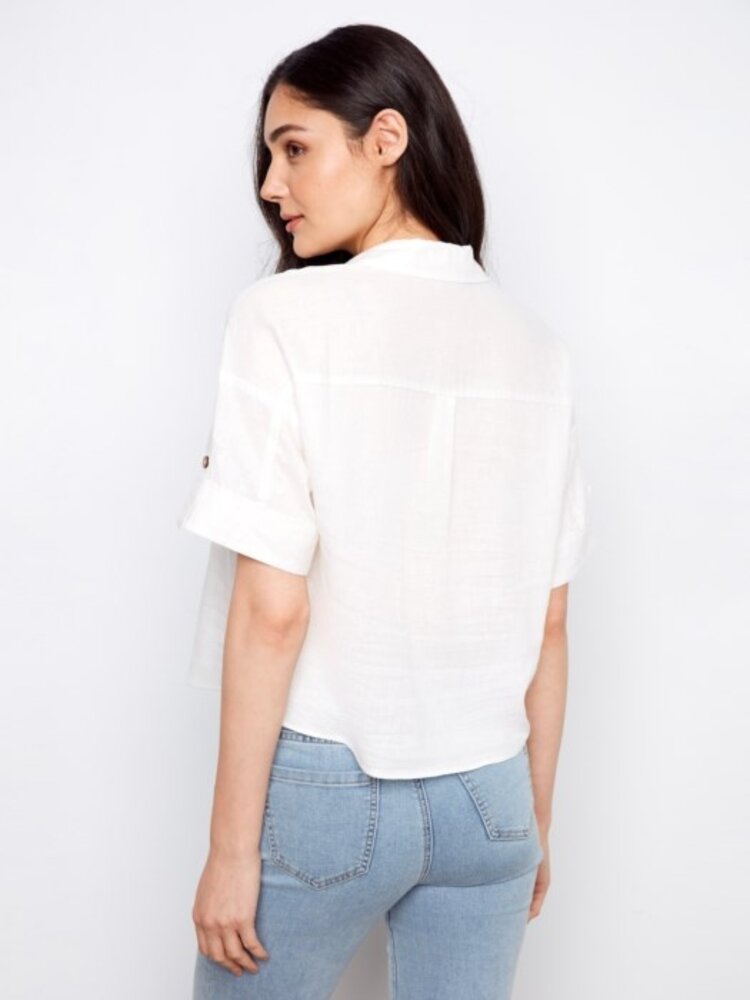 Charlie B Charlie B Short Sleeve Button Front Linen Blouse With Patch Pockets C4688