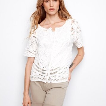 Charlie B Charlie B Short Sleeve Crochet Sweater With Placket & Buttons At Back C2965
