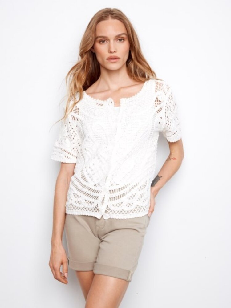 Charlie B Charlie B Short Sleeve Crochet Sweater With Placket & Buttons At Back C2965