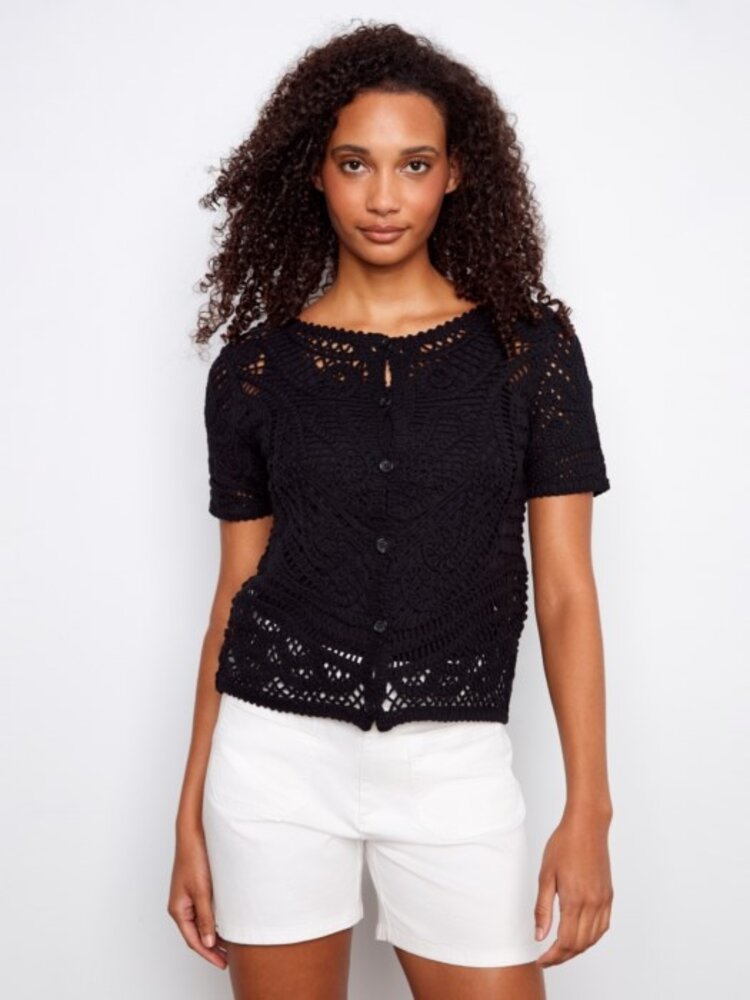 Charlie B Charlie B Short Sleeve Crochet Sweater With Placket & Buttons At Back C2965