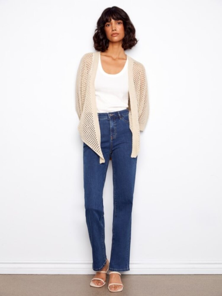 Charlie B Charlie B Dolman Elbow Sleeve Tie Front Crochet Lurex Sweater Shrug C2957