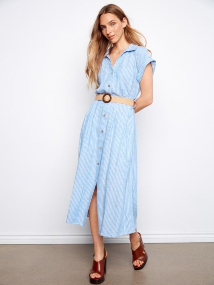 Charlie B Charlie B Yarn-Dye Short Sleeves Buttoned Up Front Mxi Dress With Belt C3214