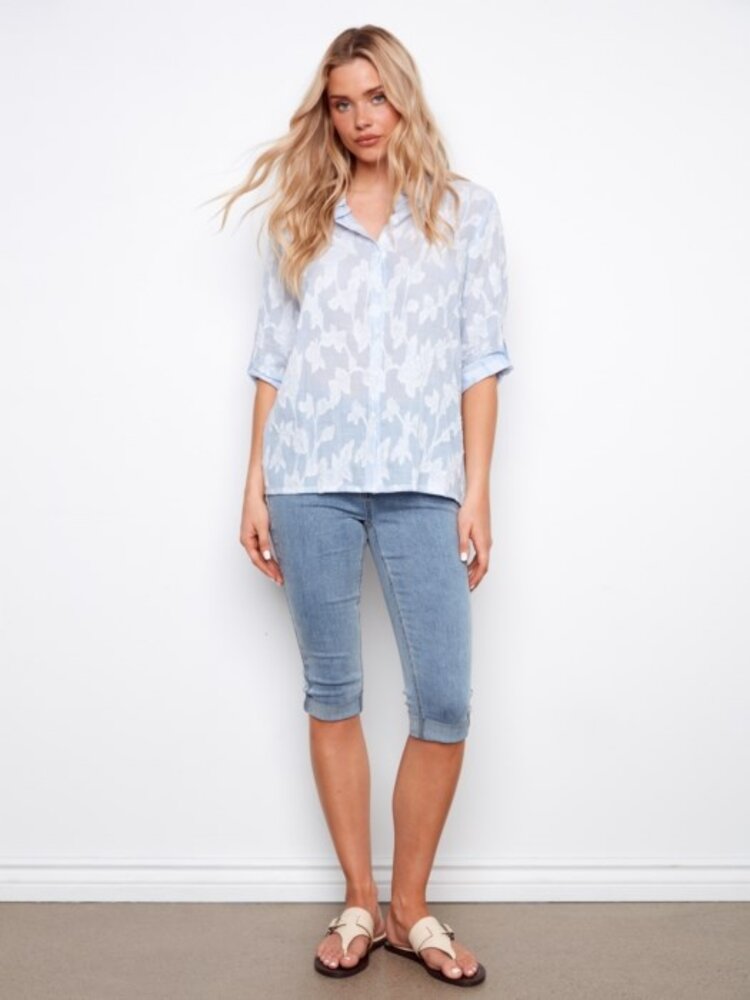 Charlie B Charlie B 3/4 Roll Up Sleeve Embroidered Yarn Dyed Stripe Blouse C4690