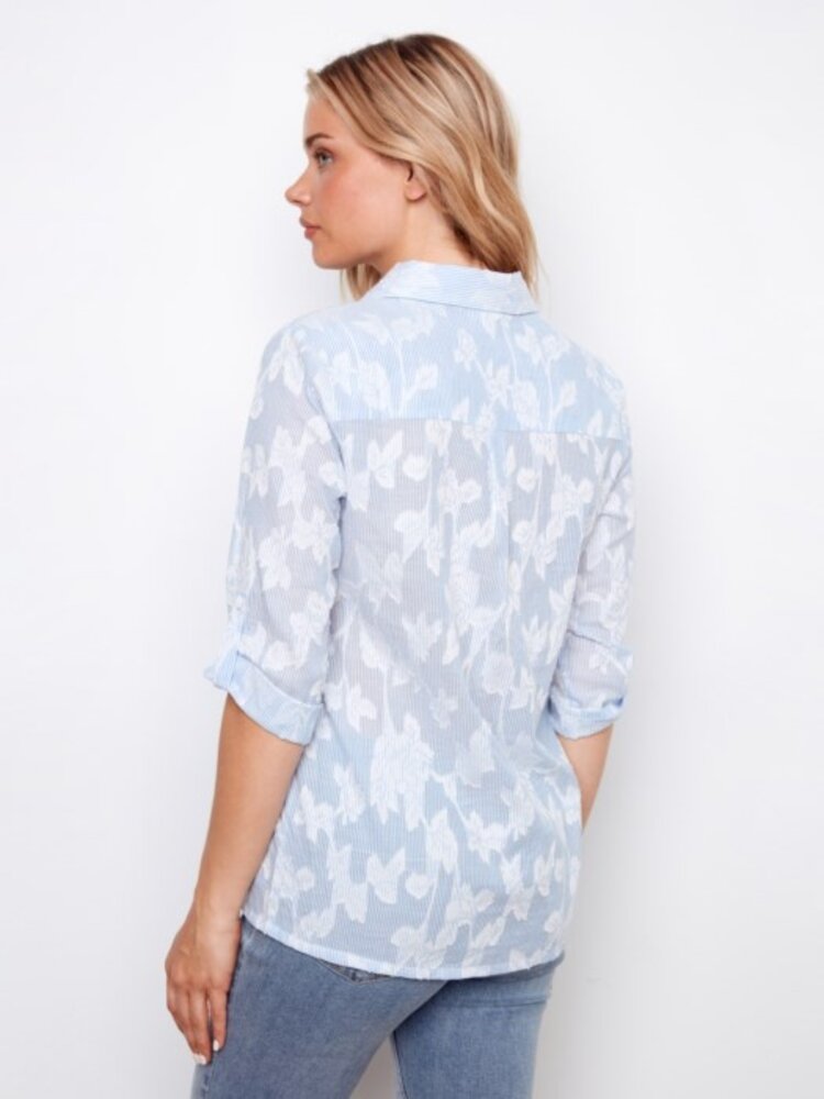 Charlie B Charlie B 3/4 Roll Up Sleeve Embroidered Yarn Dyed Stripe Blouse C4690