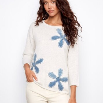 Charlie B Charlie B 3/4 Sleeve Crew Neck Sweater With Placed Denim Patches C2975